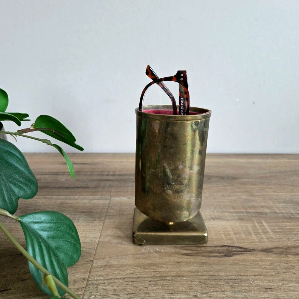 Vintage 1960s 1970s brass eye glasses or stationary holder on pedestal.